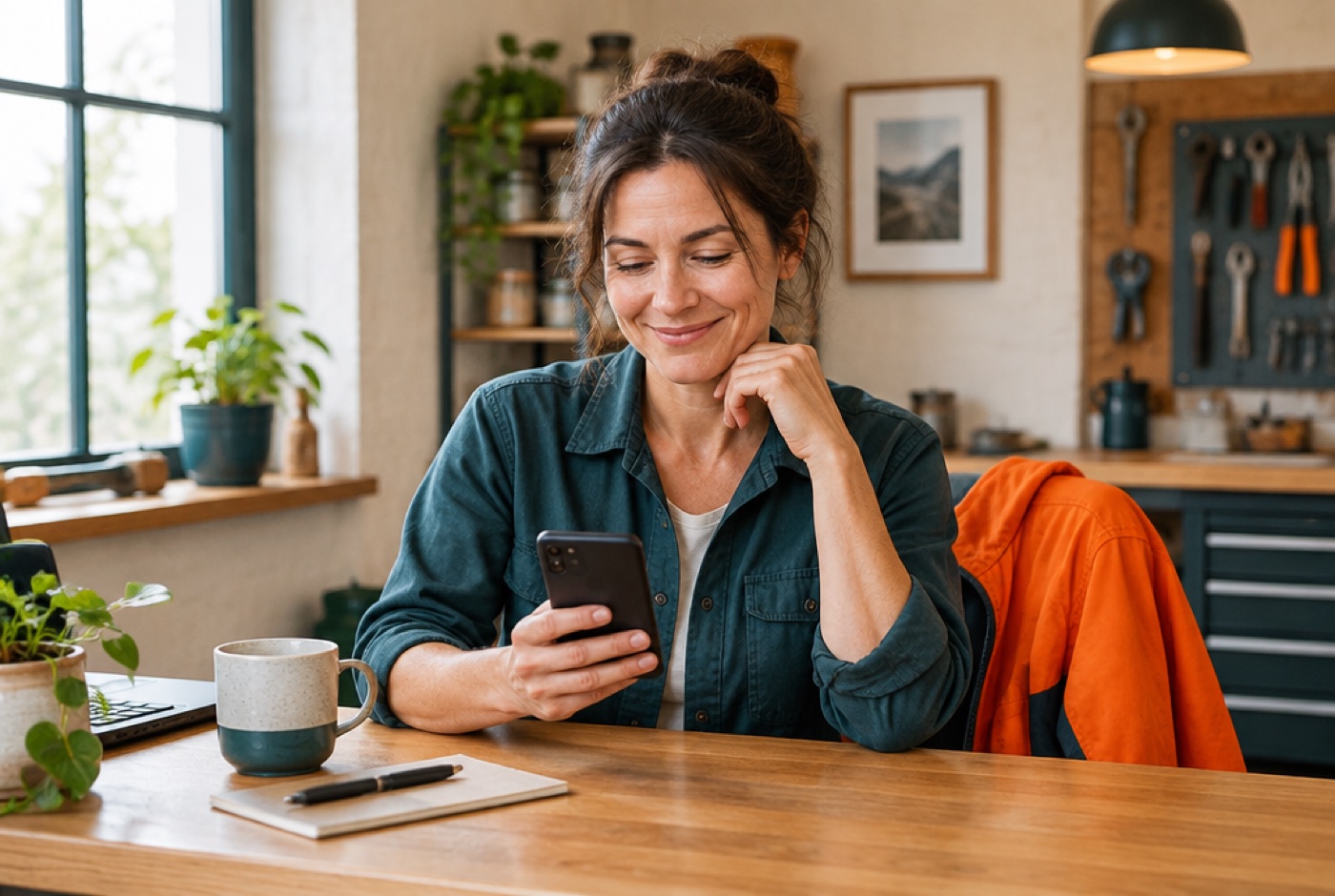 Business owner reading a message on her phone